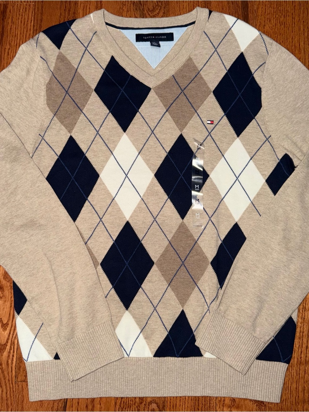 Tommy Hilfiger Men's Beige Navy White Argyle V-Neck Sweater